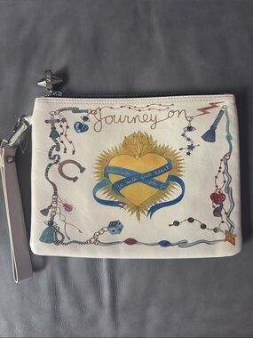 Emm Kuo leather “Journey On” heart graphic large leather clutch wristlet. New.